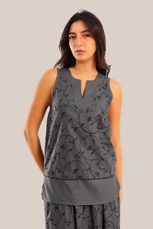 Embroidered cotton sleeveless top